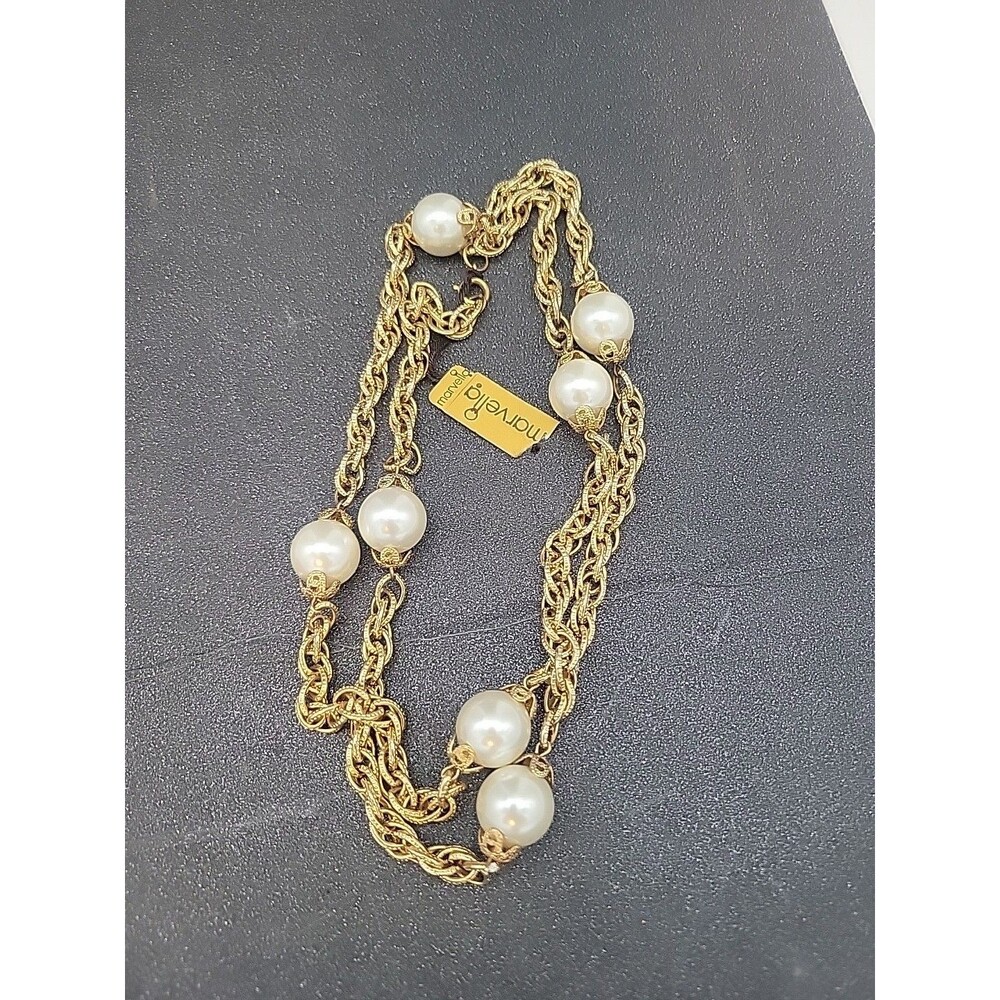 Vintage NWT Marvella Gold-Tone Faux Pearl Necklace New Chain Long Textured Link
